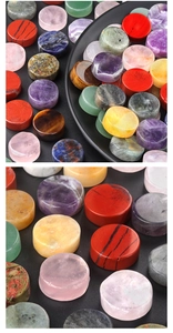 Close-up of polished natural crystal agate round discs in various vibrant colors
