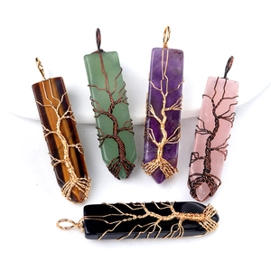 Natuurlijke Kristallen Levensboom Draadgewikkelde Zeshoekige Kolom Hanger Artistieke Edelsteen Sieraden Voor Dames Handgemaakt
