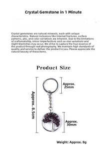 Detailed size specifications for Tree of Life keyring with purple garnet stones