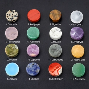 Set of 16 natural crystal and agate flat round stones for jewelry making and DIY projects