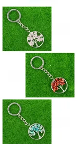 Detailed view of tree of life keychains with rose quartz, jasper and amazonite stones