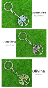 Keychains featuring Tree of Life wire-wrapped pendants with aquamarine and amethyst stones