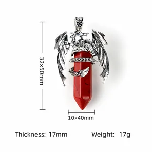 Large dragon pendant necklace with natural red crystal hexagonal pillar and silver wings