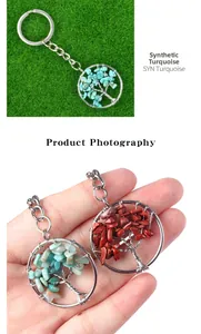 Detail of Tree of Life keychain with woven synthetic turquoise and red stone crystals