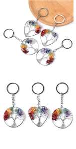 Détail des pendentifs arbre de vie en cristaux colorés de formes ronde et cœur