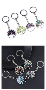 Detail of tree of life keychain with hand-woven natural tumbled stones and silver ring