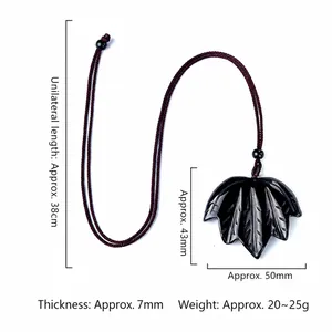 Natural obsidian maple leaf necklace with adjustable brown woven cord and dimensions