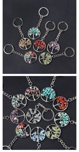Detailed close-up of tree of life keychain with colorful natural crystal tumbled stones