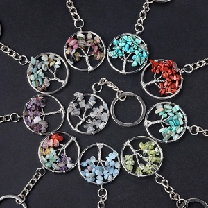 Handmade Tree of Life keychain with natural crystal stones and silver wire weaving