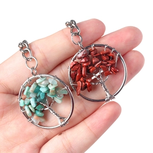 Handmade Tree of Life crystal keychains with wire wrapped natural stones in silver frames