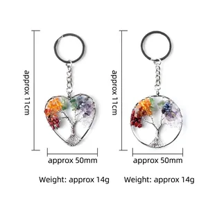 Porte-clés Arbre de Vie en cristaux colorés de formes cœur et ronde avec fil argenté