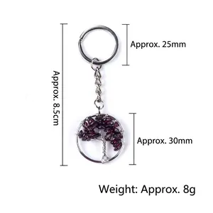 Tree of Life keychain featuring purple natural crystal stone chips and silver metal ring