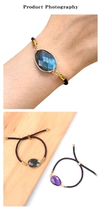 Detail view of faceted natural amethyst and labradorite stones with gold-plated bezel setting