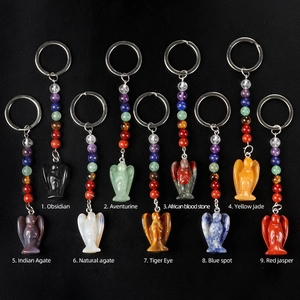 Lot de 9 porte-clés anges en pierres naturelles comme l'obsidienne et l'oeil de tigre