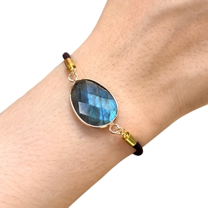 Adjustable natural amethyst faceted teardrop stone bracelet with gold plated edging wrap