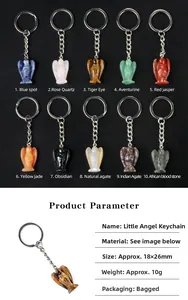 Detail view of ten natural stone angel keychains in crystal, quartz, and jasper