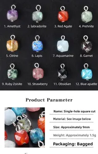 Macro view of 9mm faceted gemstone square beads with metal loops in various colors