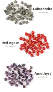 Macro shot of 9mm faceted crystal beads with metal loops in Labradorite and Red Agate