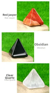 Polished natural Red Jasper, Obsidian, and Clear Quartz pyramid stones for energy decor
