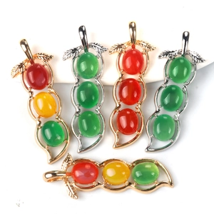 Three-color chalcedony bean pendants in red, yellow, and green with metallic settings