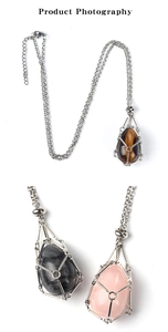 Macro detail of natural stone crystal pendants in silver bamboo mesh wire wrap