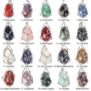 Natural crystal agate teardrop stones set in silver metal mesh cages on stainless chains