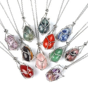 Multiple colors of teardrop natural crystal pendants with silver metal wire cage chains