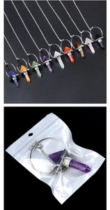 Detail of amethyst quartz hexagonal point pendant showing its individual packaging and silver clasp