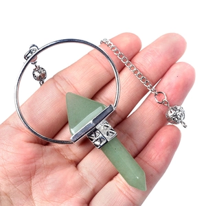 Green natural stone hexagonal prism pendant with silver metal chain and filigree ball charm