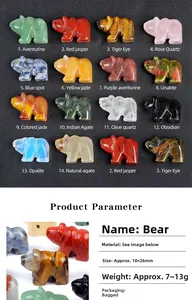 Macro detail of hand-carved natural stone polar bear figurines in various gemstones