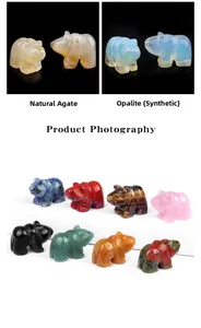 Detailed macro view of assorted gemstone bear carvings including opal and agate stones