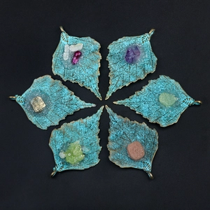 Set of six vintage bronze maple leaf pendants with colorful amethyst and pyrite raw stones