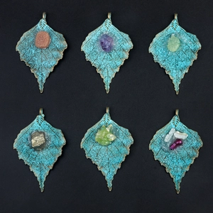 Vintage alloy maple leaf pendants with inlaid natural raw crystals in six varied styles