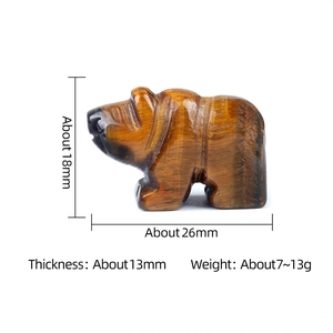 Natural tiger eye bear stone carving with size dimensions on white background