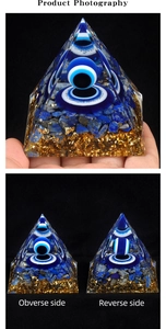 Detailed views of Orgone Pyramid featuring Lapis Lazuli stones and the Evil Eye symbol