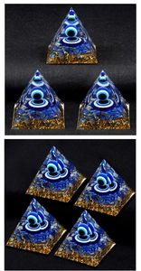 Macro detail of Lapis Lazuli Orgone pyramid featuring Evil Eye and golden foil flakes