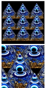 Detailed view of Orgone Pyramid with Evil Eye lapis lazuli and gold leaf resin decor