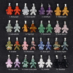 Collection of 16 varieties of natural gemstone boy and girl pendants with metal clasps