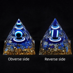 Lapis Lazuli Evil Eye Orgone Pyramid with gold foil from front and back views