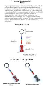 Size chart for 35mm natural crystal bone keychain featuring dimensions and seven stone types