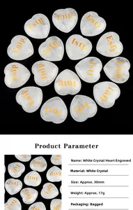 Macro detail of white crystal heart stone with gold MBTI engraving and 30mm size specs
