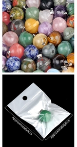 Macro detail of assorted crystal planet pendants and product packaging with size indicators