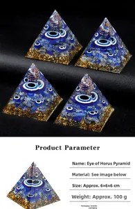 Macro shot of resin energy pyramid with Evil Eye, lapis lazuli, and copper coil details