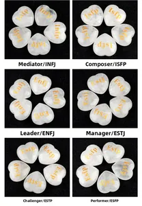 Macro detail of MBTI heart-shaped crystal stone with elegant gold personality lettering