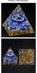 Detail of Orgone energy pyramid featuring Evil Eye beads, lapis lazuli and gold foil