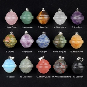 15 natural crystal planet pendants in various gemstones with silver bails on black background