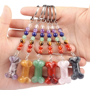 Natural Stone Chakra Beads Keychain Healing Crystal Dog Bone Pendant Hanging Ornament For Bag Key Decoration Accessory