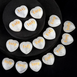 Natural Heart Shaped Crystal Stone With Gold Engraved MBTI Personality Type Symbols White Quartz Rose Quartz Healing Desktop Ornament
