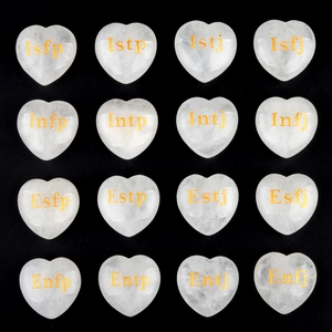 Set of 16 heart-shaped white crystal stones with gold MBTI personality type engravings