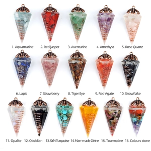 Matrix of 16 hexagonal resin pendants with natural crystal chips and copper wire wrap